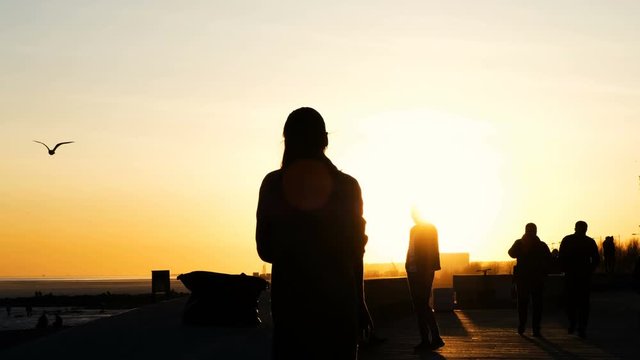 Silhouette of a young woman in a recreation park at sunset
