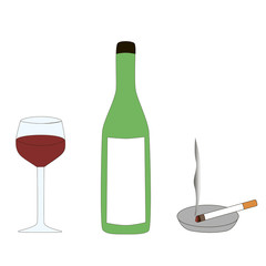 The symbols of a persons bad habits are alcohol and cigarette isolated by a white background.