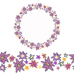 Round flower frame and seamless pattern of fantastic flowers. Vector background illustration.