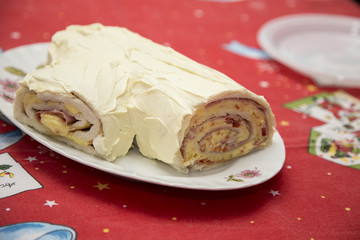 closeup of Christmas food stub stuffed with ham and mayonnaise