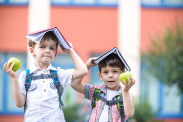 Child going to school. Boy and his friend holding books on head like house roof on the first school...