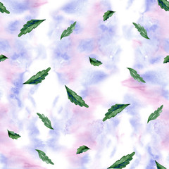Watercolor seamless botanical pattern. Leaves, herbs background. Hand painting. Green grass texture.