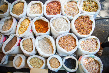 image of sacks of legumes of all kinds at the market