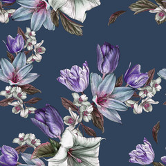Floral seamless pattern with watercolor tulips and jasmine