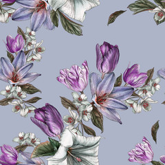 Floral seamless pattern with watercolor tulips and jasmine