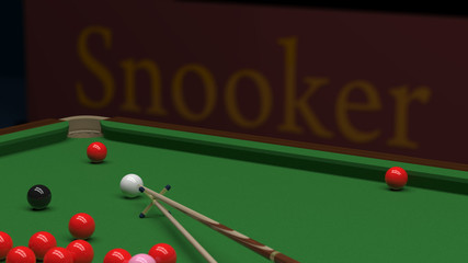 Snooker balls on green billiard table and cue game position on reds with DOF 3d illustration