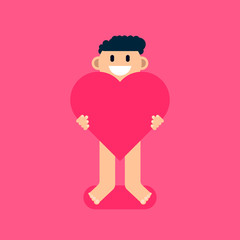 A man holds a heart in his hands. The smile on her face. Pink background. Naked.