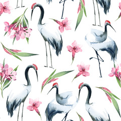 Semless pattern of storks and pink flowers on white background