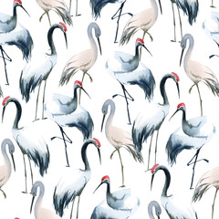 Semless pattern of gray storks, herons and shadoofs isolated on white background