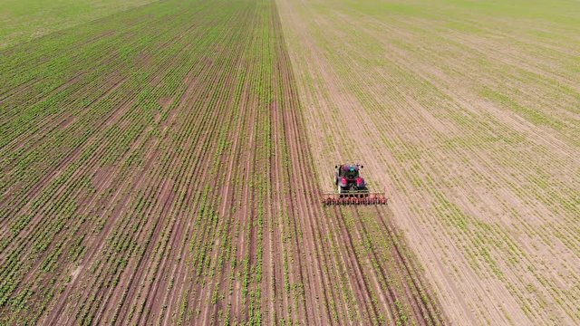 Aerial drone shot of a farmer in tractor cultivating crops on agricultural field