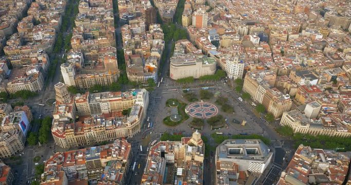 Barcelona aerial top view, Placa de Catalunya and famous La Rambla street, Spain