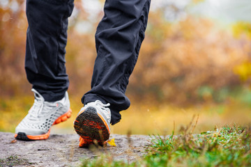 Closeup of man in stylish sneakers walking on autumn grass