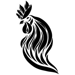 Rooster, black smooth lines, flames