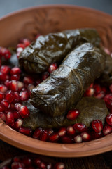 Closeup of dolma or traditional eastern stuffed vine leaves served with pomegranate seeds, selective focus, vertical shot