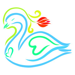 Beautiful blue swan with a flower and hearts