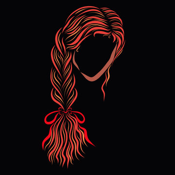 Beautiful girl with long pigtail, on a black background