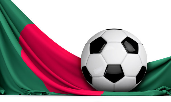 Soccer ball on the flag of Bangladesh. Football background. 3D Rendering
