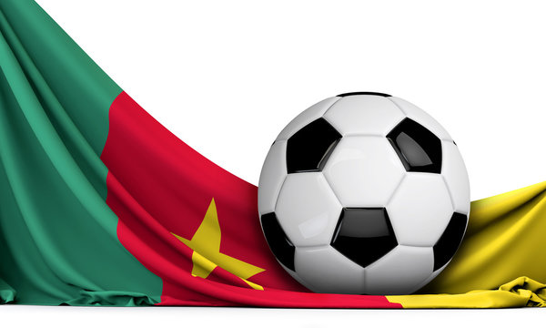 Soccer ball on the flag of Cameroon. Football background. 3D Rendering