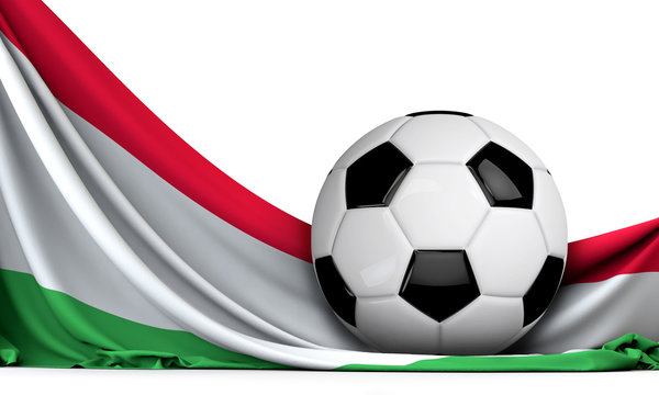 Soccer ball on the flag of Hungary. Football background. 3D Rendering