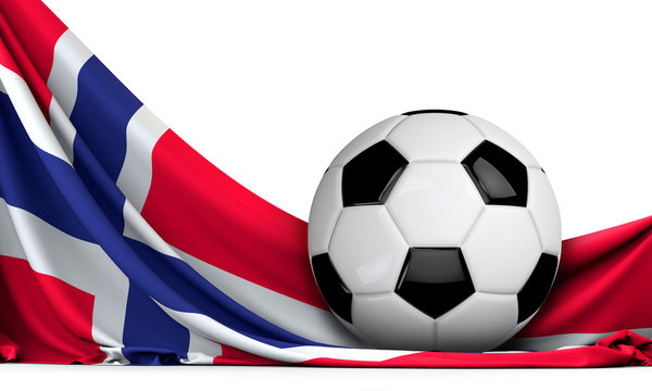 Soccer ball on the flag of Norway. Football background. 3D Rendering