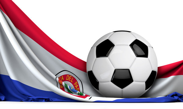 Soccer ball on the flag of Paraguay. Football background. 3D Rendering