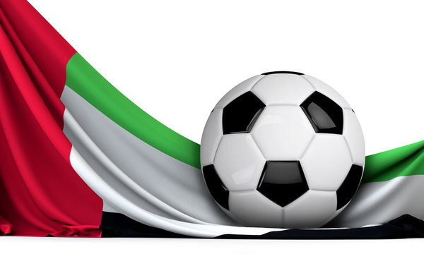 Soccer ball on the flag of United Arab Emirates. Football background. 3D Rendering