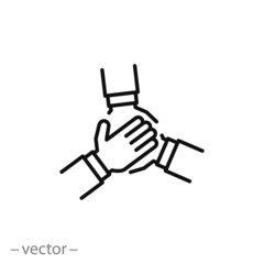 team hands together, business partnership concept, line icon vector