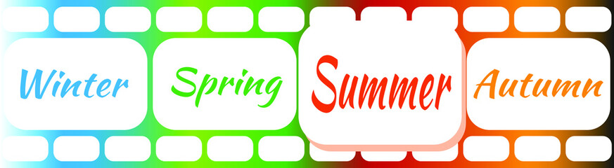 Great illustration of film for photos with text - Winter, Spring, Summer, Autumn. Film strips with frames in multi colors. Template frame for calendars, poster design, advertising.