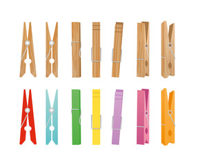 Vector illustration of wooden and clothespin collection on white background. Clothespins in different bright colors and positions for household in flat style.