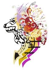 Freakish dragon head with red hearts. Grunge abstract head of a young dragon with arrows and colorful splashes on a white background