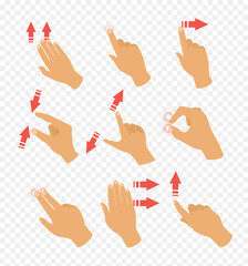 Vector illustration set of gestures icons for touch devices. Pointer arrows and hand, laptop and move. Fingers touch in flat design.