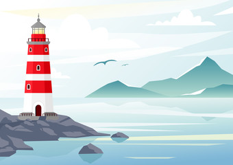 Vector illustration of blue sea background with waves and mountains. lighthouse on the rocks, sea landscape with blue sky, fog.