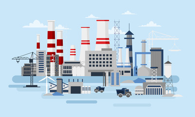 Vector illustration of big manufacturer with a lot of buildings and cars. Ecology Concept, factory pollution, industry in flat style.