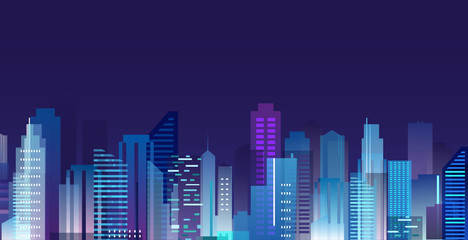 Fototapeta na wymiar Vector illustration of beautiful night city, skyscrapers lights in night metropolis, skyline in flat style.
