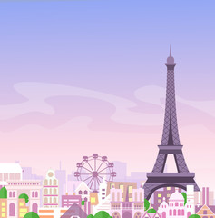 Vector illustration of romantic Paris view, France city skyline background in pastel colors, beautiful city in flat style. - obrazy, fototapety, plakaty