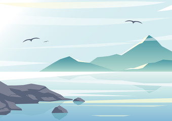 Vector illustration of beautiful sea view, water of the ocean, rocks on the beach, mountains and sky background in pastel colors and flat design.