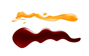Fototapeta premium Vector illustration of soy sauce and honey on white background, top view, realistic sauce spots.