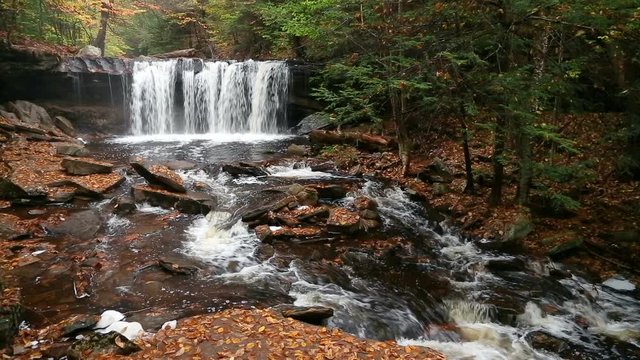 Seamless loop of an autumn landscape features water plunging over Oneida Falls, one of many beautiful waterfalls in Pennsylvania's Ricketts Glen State Park.