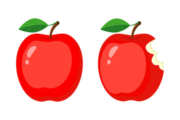 Whole and bitten red apples. Vector illustration isolated on whi