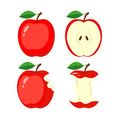 Whole red apple, half apple slice, bitten apple, stub. vector il