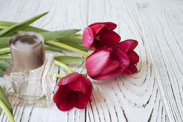 women's perfume and tulips on a wooden table