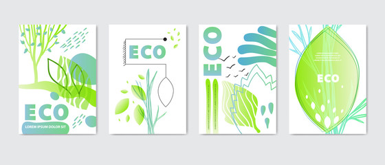 Eco covers, templates set, posters in memphis and hipster style with geometric and nature elements. Vector illustrations