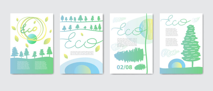 Eco covers, templates set, posters in memphis and hipster style with geometric and nature elements. Vector illustrations