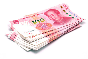 yuan notes from China's currency. Chinese banknotes white background. - obrazy, fototapety, plakaty