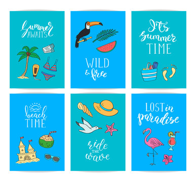 Set of card templates or flyers with lettering and hand drawn colored beach objects. Vector summer travel doodle elements illustration