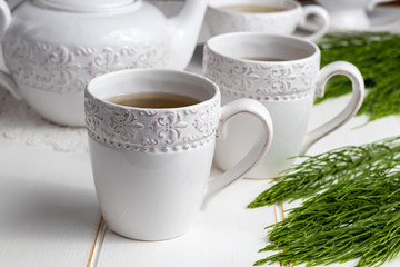 Two cups of horsetail tea with fresh Equisetum arvense plant