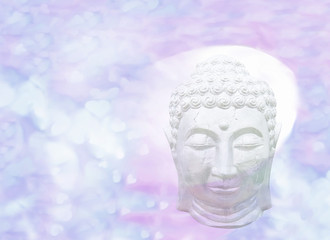 Sleeping Buddha head abstract with halo on pastel violet blue color heart pattern.