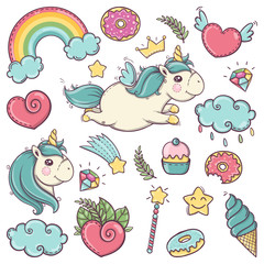 Cute soft unicorns set of wonderful magical elements with candies and treasures.