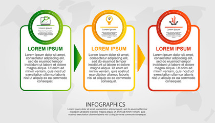 Modern vector illustration 3D. Template of circles and rectangles of infographics with three elements and arrows. Designed for business, presentations, web design, diagrams with 3 steps. Step by step