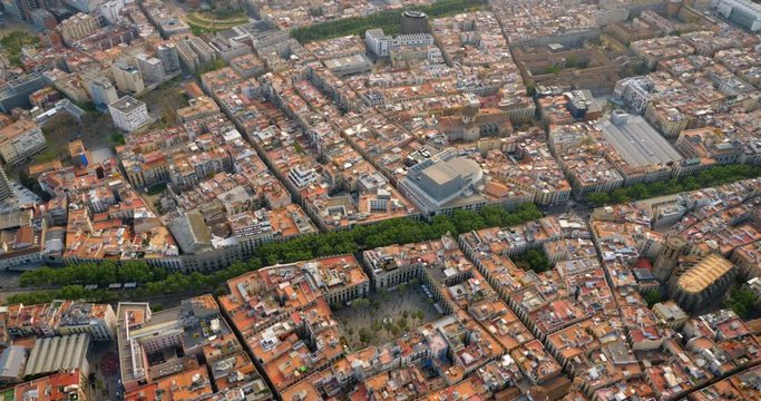 Barcelona Old Town aerial view and famous La Rambla pedestrian boardwalk, Spain